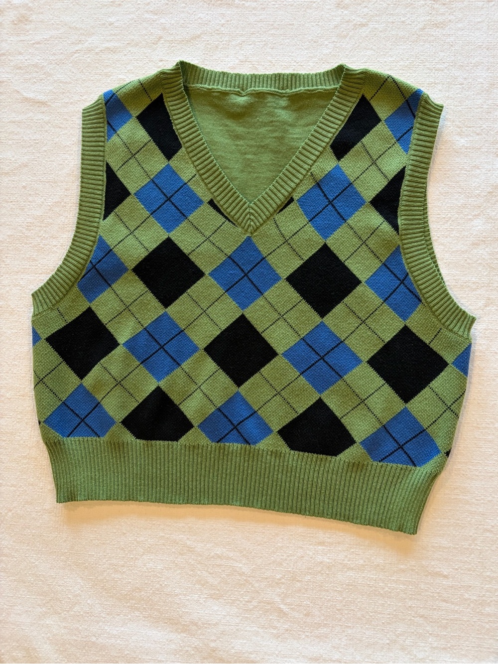SHEIN Green Argyle V-Neck Sweater Vest  Blue Black Diamonds Size M 6 Cropped